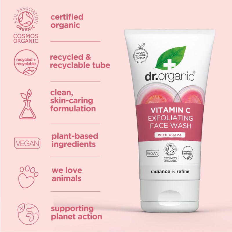 dr.organic د. أورجانيك فيتامين سي لغسول الوجه المقشر | تفتيح وإشراق للبشرة الجافة، غني بفيتامين سي، معتمد عضوي، خالٍ من البارابين وSLS، خالٍ من التجارب على الحيوانات، طبيعي، نباتي، 150 مل / 5 فل أوقية - Image 4